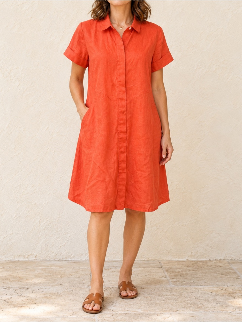 J. Jill Love Linen Orange 100% Linen Shirt Dress XS Petite Pockets